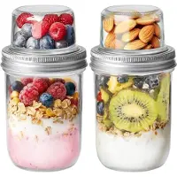 LONGZIMING -Havermoutbekers - Oats Glazen 2 Stuks – Dubbelwandige Yoghurt - yoghurt beker - en Dessertglazen met Gescheiden Compartimenten en Luchtdicht Deksel - met Droog/Nat Scheiding - Transparant