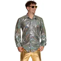 Partychimp Shiny Disco Shirt Zilver voor Heren Carnavalskleding Foute Party Verkleedkleding Volwassenen Heren Toppers 2026- Disco- Shiny- Polyester - L