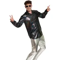Partychimp Shiny Disco Shirt Zwart voor Heren Carnavalskleding Foute Party Verkleedkleding Volwassenen Heren Toppers 2026- Disco- Shiny- Polyester - 3XL