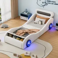 STILVORA Kinderbed 90x200, tienerbed in autovorm met lichtgevende wielen en opbergruimte, enkelbed van PU, wit (zonder matras)