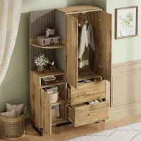 OKWISH Garderobekast - Flurgarderobe Met Beklede Panelen - 110x38x186 cm - 1 Deur 2 Lades - Uittrekbare Kleerrail - Open Vakken En Opbergruimte - MDF Zwart+Lichtbruin