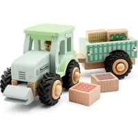 New Classic Toys Houten Tractor met Aanhanger - Inclusief 4 Groentekisten - Groen - Educatief Speelvoertuig - Rollenspel Speelgoed - Vanaf 18 Maanden