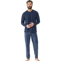 Mey Pyjama lang 'Straight' blauw / donkerblauw / wit