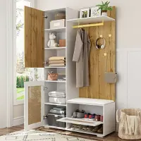 OKWISH Garderobekast Set – Modern Hout-Wit Design – 3 Deuren Met Spiegel – Rattan-Optiek Deuren – 16-Kleurige LED-Verlichting – Zithoek Met Opbergruimte – 110x38x190 cm – MDF;Spaanplaat