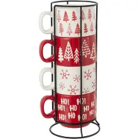 J-Line kopje Kerstmis Dolomiet - keramiek - rood/wit - doos van 4