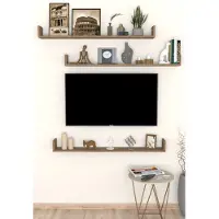 Gold - Tv-Plank - Zwevende wandplank - Wandplank zwevend - Vliegende Plank - Boekenplank - 3 Stuks - Pijnboom