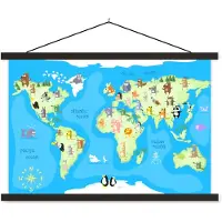 MuchoWow Kinderwereldkaart dieren schoolplaat platte latten zwart 90x60 cm - Foto print op textielposter (wanddecoratie woonkamer/slaapkamer)