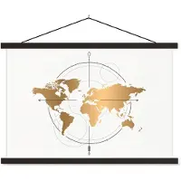 MuchoWow Wereldkaart Goud Kompas schoolplaat platte latten zwart 150x100 cm - Foto print op textielposter (wanddecoratie woonkamer/slaapkamer)