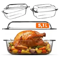 Kadax Ovenschaal met deksel en handgrepen, 5,1 liter, rechthoekige glazen braadpan van hittebestendig glas, glazen ovenvorm voor vlees, lasagne, oven