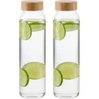 Alpina Glazen waterfles / drinkfles / sportfles - 2x - helder transparant - met Bamboe dop - 1000 ml
