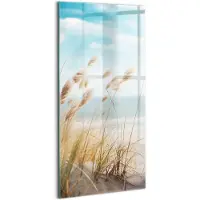 Wallfluent Glasschilderij - Landschap met gras, strand en zee in boho-stijl Schilderij Op Glas - 50x100 cm - Beige Verticale Muurschildering - Landschap Foto In Glas - Foto Glas - Glas Foto