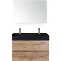 BES LED Maxx XL Badmeubelset 100 cm - Natuur Eiken - Wastafel Kube Zwart 2 Kraangaten met Spiegelkast