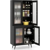 Costway Keukenkast, hoog, 178,5 cm, keukenrek met 4 transparante deuren en verstelbaar rek, buffetkast, staand rek, hoge kast, voor keuken, eetkamer, woonkamer, hout en metaal (zwart)