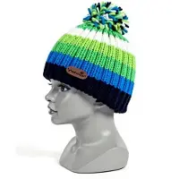 Attrezzo Muts – Kind - Gevoerd - Blauw/groen gestreept – Met Pompom - One Size