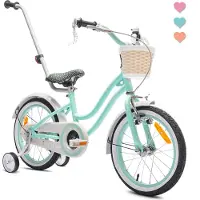 Sun baby Hartfiets kinderfiets voor meisjes, 16 inch, geschikt vanaf 4 jaar, met stabilisatorwielen, afneembare duwstang, mandje, bel, achterrem en V-rem