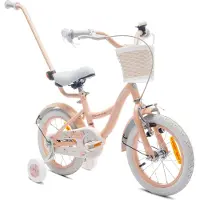 Sun baby Flower Bike Fiets voor een meisje van 3 tot 5 jaar, 14 inch Abrikoos, met fietsbel, zijwieltjes, duwstang en stuurmandje