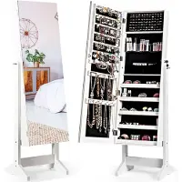 Costway Sieradenkast afsluitbaar, vrijstaande spiegelkast met full-body spiegel, sieradenorganizer kantelbaar voor make-up, 41 x 36,5 x 146 cm (wit)