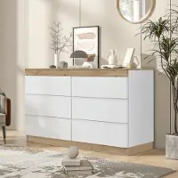 OKWISH Dressoir – Klassieke Ladekast – 6 lades – Ruime Opbergruimte Voor Slaapkamer/Woonkamer – Compact Stabiel Ontwerp – E1 Spaanplaat Wit+Lichtbruin