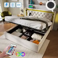 OKWISH Gestoffeerd Bed 140x200 cm - LED Oplaadpunt USB+Type-C - Lattenbodem & Hefbare Opbergruimte met Gasveren - Katoen - Lichtbeige - Zonder Matras