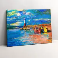 Wallfluent Foto Op Canvas Vuurtoren en boten - 80 x 60 cm - Blauw Canvas Schilderij - Landschappen Foto Op Doek - Imitatie van een olieverfschilderij Print Van Doek - Landschappen Schilderij Op Canvas