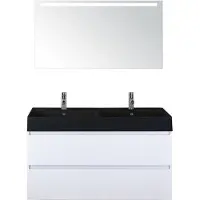 BES LED Maxx XL Badmeubelset 120 cm - Wit Hoogglans - Wastafel Kube Dubbel Zwart 2 Kraangaten met LED Spiegel
