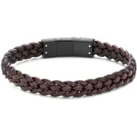 Frank 1967 7FB-0850 Heren Leren Armband - Gevlochten Bruin Leer - IP Black Roestvrij Staal
