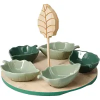 Excellent houseware tapas serveerschaaltjes Leaf - groen - Set van 5x stuks op dienblad - sausjes - nootjes