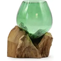 Ancient Wisdom Gesmolten Glas op Hout - Kleine Groene Kom op Hout van Gerecycled Bierflessen