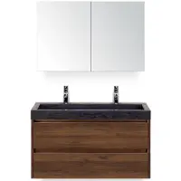 BES LED Dante Badmeubelset 100 cm - Walnoot - Wastafel Hardsteen Wit Lucca 2 Kraangaten met Spiegelkast