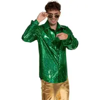 Partychimp Shiny Disco Shirt Green voor Heren Carnavalskleding Foute Party Verkleedkleding Volwassenen Heren Toppers 2026- Disco- Shiny- Polyester - S