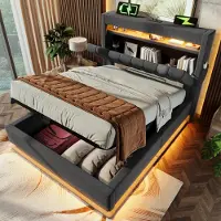 OKWISH Gestoffeerd Bed 90x200cm – LED Verlichting Met App – USB & Type-C Laadpoorten – Hydraulische Opbergruimte – Linnen – Grijs – Zonder matras