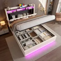 OKWISH Gestoffeerd bed 160x200 cm – Tweepersoonsbed met klapbaar hoofdeinde & opberging – LED-lichtband en USB Type-C – Fluweel – Beige – Zonder matras
