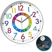 LONGZIMING -Educatieve Kinderwandklok 25 cm – Stille Wandklok met 12/24 Uur Aanduiding – Grote Cijfers – Leerzaam Kloklezen – voor Kinderkamer en School
