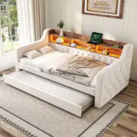 OKWISH Slaapbank 90x190 cm – Uittrekbaar Bed Met USB‑C & LED Sfeerverlichting – Compact Voor Gastenkamer/Studio – Fluweel – Beige – Zonder matras