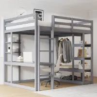 OKWISH Hoogslaper 140x200 cm – Met Bureau & Opbergruimte – Kledingstang En Schuine Planken – Leuning & Ladder – Massief Hout – Grijs – Zonder Matras