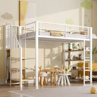 OKWISH Hoogslaper 90x200cm – Eenpersoons Hoogslaper Met Garderobe & Regalen – Met Hoge Leuning En Antisliptrap – Metaal – Wit – Zonder matras