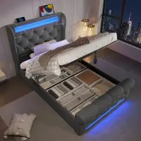 OKWISH Gestoffeerd Bed 90x200 cm - Hydraulisch Opbergbed met LED - Met USB en Type-C Oplaadstation - Fluweel - Grijs - Zonder matras