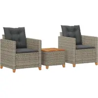 vidaXL 3-delige Bistroset met kussens poly rattan en acaciahout grijs