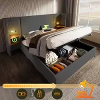 Merax Tweepersoonsbed 180x200 cm met nachtkastje - leeslamp en USB Type-C oplaadfunctie - met opbergruimte - grijs - linnen - zonder matras