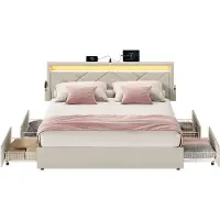 Vasagle Gestoffeerd tweepersoonsbed met lades en verstelbaar hoofdbord, cappuccinobeige / 140 x 200 cm