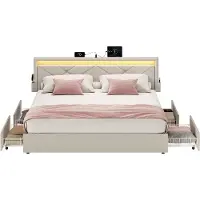 Songmics Metalen bedframe met ledverlichting en lades - 94,7 cm - Cappuccinobeige