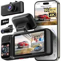 Redtiger F17 3-kanaals dashcam - 4K+1080P+1080P resolutie - 5GHz wifi - GPS - Parkeermodus - G-sensor - 3 inch touchscreen - met 64GB geheugenkaart & IR-nachtzicht - Drievoudige autodashcam