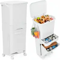 Springos Prullenbak - Afvalbak - Vuilnisbak - Vuilbak - Op Wielen - Afvalscheidingsbakken - 3 Delig - 42 Liter - 83,5 x 42 x 28,5 Cm - Wit
