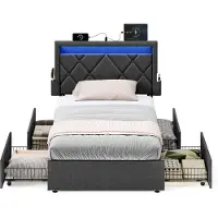 Vasagle Gestoffeerd tweepersoonsbed met lades en verstelbaar hoofdbord, donkergrijs / 90 x 200 cm