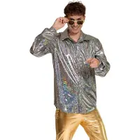 Partychimp Shiny Disco Shirt Zilver voor Heren Carnavalskleding Foute Party Verkleedkleding Volwassenen Heren Toppers 2026- Disco- Shiny- Polyester - XXL
