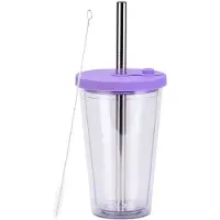 LONGZIMING -Bubble Tea Beker 450 ml – Dubbelwandige Drinkbeker met Deksel en Rietje – Lekvrij & Herbruikbaar – Ideaal voor Smoothies en Iced Tea – Paars