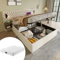 OKWISH Gestoffeerd Bed 160x200 cm – Hydraulisch Opbergbed Met Matras – Met Leeslamp En USB/Type-C – Met 2 Nachtkastjes – Fluweel Retro – Beige