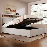 Merax Gestoffeerd bed 160x200 cm - verstelbare hoofdbord - met USB-C oplaadfunctie - met opbergruimte - beige - zonder matras