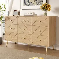 OKWISH Ladekast – 9 Laden – 120×39×80 cm – Ruime Opbergruimte – Modern Met Geometrische Fronten – Metalen Poten – Spaanplaat Lichtbruin