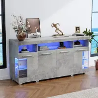 OKWISH Dressoir – Cementgrijs Hoogglans – 3 Lades – 6 Vakken – 140x40x70 cm – Industriële Stijl Met Transparante Geharde Glasdeuren En 16-Kleurige LED-Verlichting – MDF+Spaanplaat